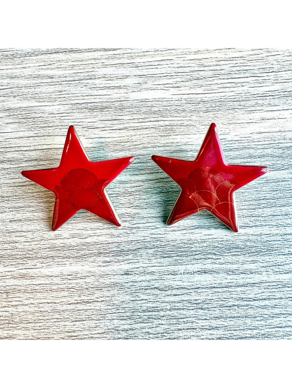 Vintage Red Enamel Star Earrings Mid Century Gold Tone Atomic Statement Jewelry